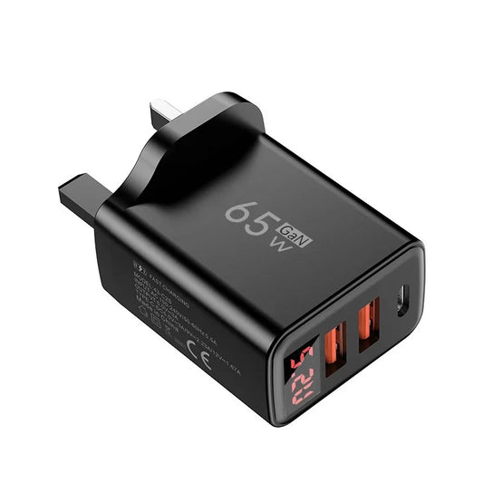 65W GaN USB-C Fast Charger – 2 USB-C + USB-A PD Charging Adapter